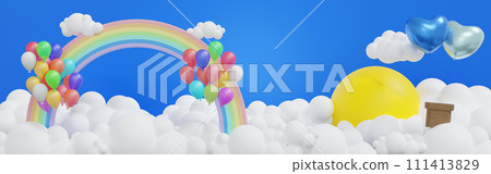 Rainbow cloud sun and balloon in blue sky, background for summer camp, Banner Website, 3D rendering. 111413829