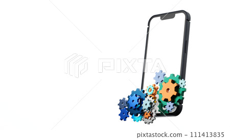 Smartphone with gear and cog wheels, maintenance, install application update, 3D rendering. Smartphone with gear and cog wheels, maintenance, install application update, 3D rendering. 111413835