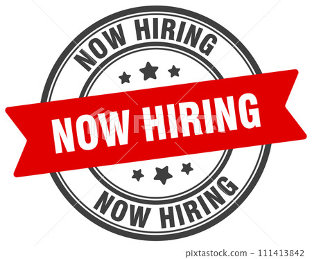 now hiring stamp. now hiring label on transparent background. round sign now hiring stamp. now hiring label on transparent background. round sign 111413842