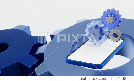 Smartphone with gear and cog wheels, maintenance, install application update, 3D rendering. Smartphone with gear and cog wheels, maintenance, install application update, 3D rendering. 111413864