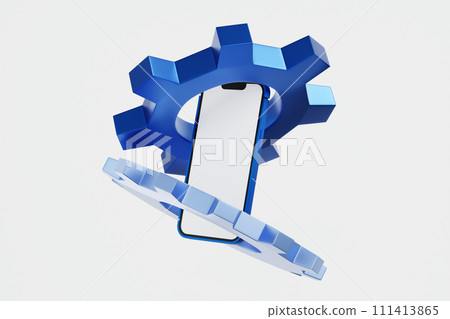 Smartphone with gear and cog wheels, maintenance, install application update, 3D rendering. Smartphone with gear and cog wheels, maintenance, install application update, 3D rendering. 111413865