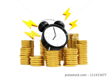 Ringing alarm clock with stack of coin, money saving, dead line tax time reminder, 3D rendering. Ringing alarm clock with stack of coin, money saving, dead line tax time reminder, 3D rendering. 111413877
