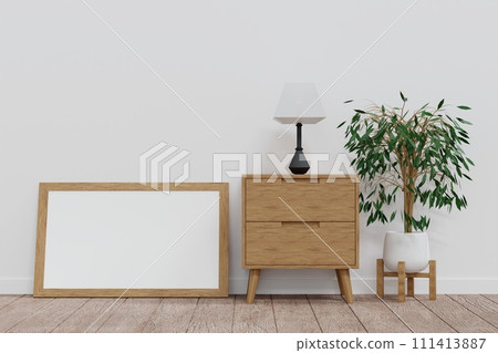 Empty mock up poster frame with plant and cabinet, living room interior design, 3D rendering. 111413887