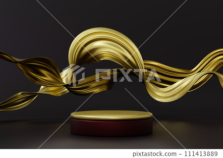 Golden round podium with gold soft canvas in dark gallery room, display for luxury product 3D render 111413889