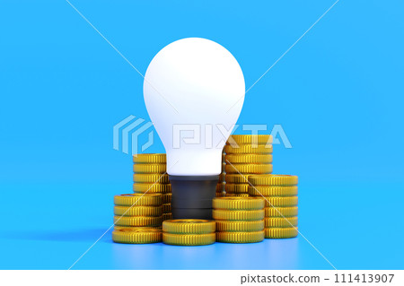 Light bulb with stock of gold coin, get idea to make money. 3D rendering. Light bulb with stock of gold coin, get idea to make money. 3D rendering. 111413907