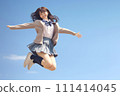 High school girl jumping with a joyful smile against the sky Copy space AI Generated 111414045