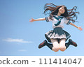 High school girl jumping with a joyful smile against the sky Copy space AI Generated 111414047