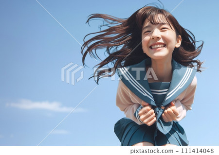 高中女孩在天空中帶著快樂的微笑跳躍複製空間 AI 生成 111414048