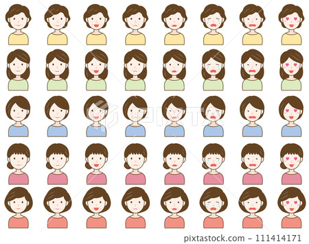 Elderly woman icon set with various expressions, color 111414171