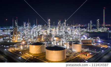 Aerial view liquid chemical tank terminal, Storage of liquid chemical and petrochemical products tank, Oil and gas storage tanks at industrial oil refinery. 111414387