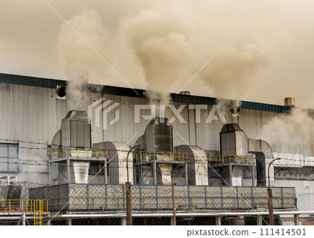 Air pollution from power plant chimneys. Deadly smoke emmiting from the factory 111414501