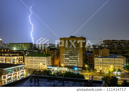 Lightning in the night sky during a thunderstorm in the center of the Russian capital. 111414717