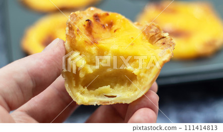 A man's hand holds a half-eaten bitten fresh Portuguese Pastel de Nata pie with custard on the background of a baking dish. Pastel de Belem is a pastry with a burnt top and a crispy puff pastry crust 111414813
