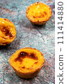 Lots of freshly baked desserts Pastel de nata or Portuguese egg tart. Pastel de Belm is a small pie with a crispy puff pastry crust and a custard cream filling. A small dessert, a cupcake 111414880