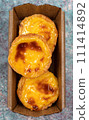 Lots of freshly baked desserts Pastel de nata or Portuguese egg tart. Pastel de Belm is a small pie with a crispy puff pastry crust and a custard cream filling. A small dessert, a cupcake 111414892