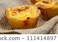 Lots of freshly baked desserts Pastel de nata or Portuguese egg tart. Pastel de Belm is a small pie with a crispy puff pastry crust and a custard cream filling. A small dessert, a cupcake 111414897