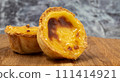 Pastel de nata tarts or Portuguese egg tart on a wooden brown background. Pastel de Belem is a small pie with a crispy puff pastry crust and a custard cream filling. Sweet dessert 111414921
