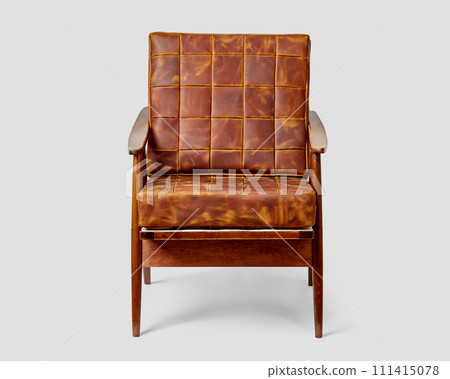 Vintage wooden chair with brown patchwork leather upholstery 111415078