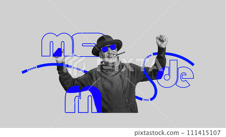 Cheerful senior man in sunglasses and hat, smoking and standing in positive pose over word modern. Positive experience in usage of Internet services. Cheerful senior man in sunglasses and hat, smoking and standing in positive pose over word modern. Positive experience in usage of Internet services. 111415107