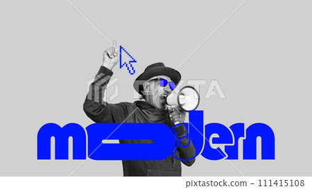 Senior man shouting in megaphone with digital computer element and word modern. Benefits of using news technologies for seniors Senior man shouting in megaphone with digital computer element and word modern. Benefits of using news technologies for seniors 111415108