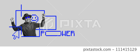 Senior man in fedora hat and sunglasses smoking over open digital window with digital elements. Banner. 111415129