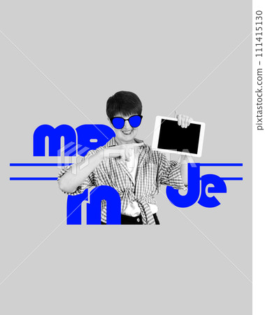 Senior woman in glasses smiling and pointing on tablet. Tech education platform promoting digital literacy in work and everyday life 111415130