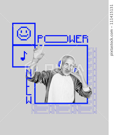 Senior man in warm funny pajamas listening to music in headphones over digital icons. Promotional materials for online services Senior man in warm funny pajamas listening to music in headphones over digital icons. Promotional materials for online services 111415131