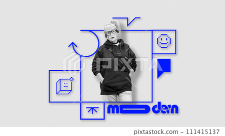 Stylish senior woman in casual hoodie and sunglasses standing against digital icons. Social media campaign with seniors mastering new technology trends. Stylish senior woman in casual hoodie and sunglasses standing against digital icons. Social media campaign with seniors mastering new technology trends. 111415137