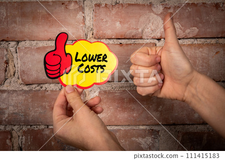 Lower Costs. Sticky note with text on a red brick background 111415183