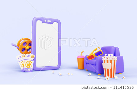 Online cinema banner. Mobile phone with white screen for watching movie home in internet. Smartphone app mockup with sofa, 3d glasses, popcorn bucket, drink, film reel and tickets. 3D illustration Online cinema banner. Mobile phone with white screen for watching movie home in internet. Smartphone app mockup with sofa, 3d glasses, popcorn bucket, drink, film reel and tickets. 3D illustration 111415556