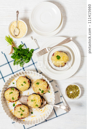 mini eggplant pizzas with tomato sauce and cheese 111415660