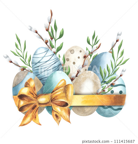 Easter composition with eggs, golden bow, willow twigs and green leaves. Hand drawn watercolor illustration. Boho style pale colors. For cards, design, invitation, packaging. 111415687