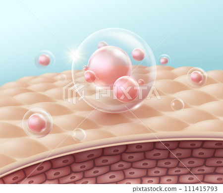 Serum or Vitamin Molecules float above the skin surface at close up. Realistic vector illustration. Serum or Vitamin Molecules float above the skin surface at close up. Realistic vector illustration. 111415793