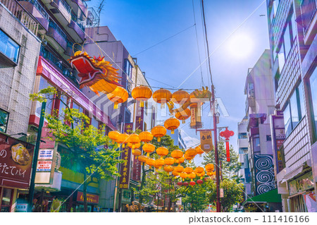 Yokohama cityscape in Japan 2024 Yokohama Chinatown with Chinese New Year lights. Dragon lanterns on the Ximen Street side of Chinatown = February 8, 2020 111416166