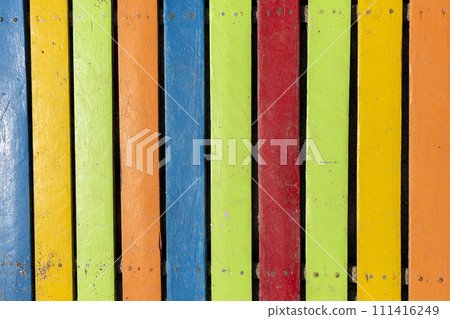 Colorful wooden boardwalk. Wooden boards. Empty space, for text or logo Colorful wooden boardwalk. Wooden boards. Empty space, for text or logo 111416249
