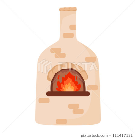Cartoon traditional brick pizza oven fire. Simplified representation outdoor baking oven. Cozy pizzeria equipment vector illustration Cartoon traditional brick pizza oven fire. Simplified representation outdoor baking oven. Cozy pizzeria equipment vector illustration 111417151