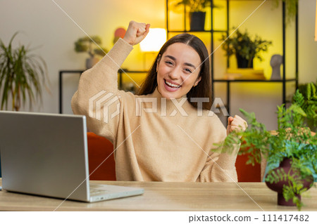 Excited happy Caucasian woman surprised shocked sudden victory good win news celebrate wow reaction Excited happy Caucasian woman surprised shocked sudden victory good win news celebrate wow reaction 111417482