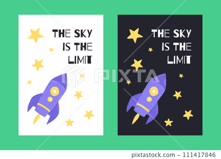 Space poster with cute rocket in the cartoon hand drawn style with quote letternig. Vector illustration Space poster with cute rocket in the cartoon hand drawn style with quote letternig. Vector illustration 111417846