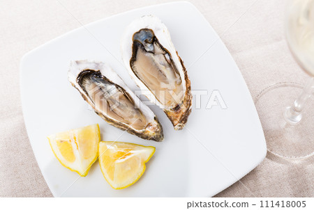 Opened raw oysters with lemon 111418005