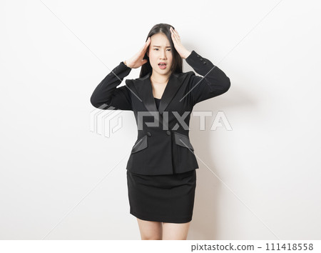 Asian Business Woman confused with hands up, Woman with problem for work concept. isolated on white background. 111418558