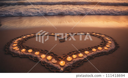 AI-generated content. Valentine's Day Heart and candles on sandy beach sunset. Creating romantic setting for Valentine's Day. AI-generated content. Valentine's Day Heart and candles on sandy beach sunset. Creating romantic setting for Valentine's Day. 111418694