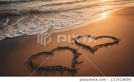 AI-generated content. Two hearts drawn in sand near the water’s edge. Sunset Beach Romance, A romantic moment captured at the beach during sunset. Gentle waves lap at the shore near the drawn hearts 111418699