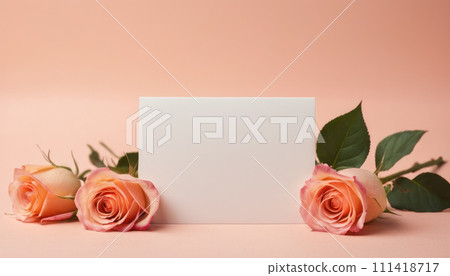 AI-generated content. Valentine’s Day postcard with roses: A white postcard surrounded by beautiful roses, perfect for Valentine’s Day messages 111418717