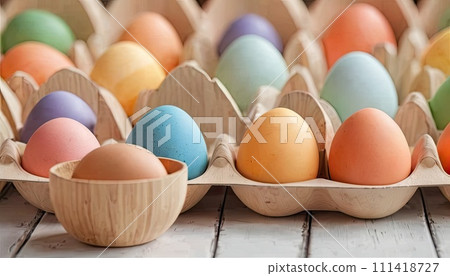 AI-generated content. Multiple Easter eggs dyed in various pastel colors are placed inside individual sections of egg cartons. Each egg is surrounded by a small amount of straw to cushion and display AI-generated content. Multiple Easter eggs dyed in various pastel colors are placed inside individual sections of egg cartons. Each egg is surrounded by a small amount of straw to cushion and display 111418727