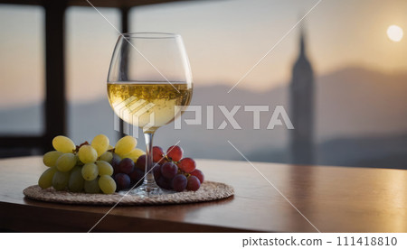 AI-generated content. Cozy wine tasting setting glass of white wine, cheese, and grapes. A warm and inviting atmosphere for a relaxed evening or wine tasting. 111418810