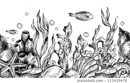 Underwater world clipart with sea animals whale, turtle, octopus, seahorse, starfish, shells, coral and algae. Graphic illustration hand drawn in black ink. Seamless border EPS vector 111419478