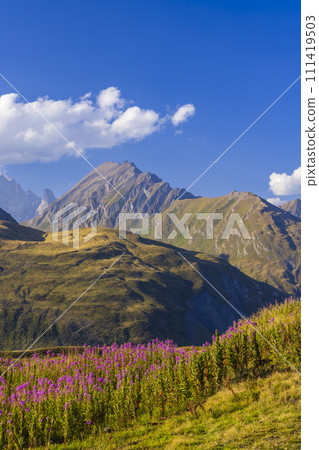 Landscape near Col du Petit-Saint-Bernard with Mont Blanc, on border France and Italy 111419503