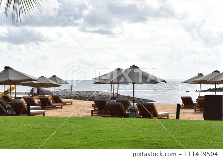 Umbrellas and sunbeds on the sandy beach 111419504