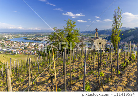 Grand cru vineyard and Chapel of Saint Christopher, Tain l'Hermitage, Rhone-Alpes, France Grand cru vineyard and Chapel of Saint Christopher, Tain l'Hermitage, Rhone-Alpes, France 111419554