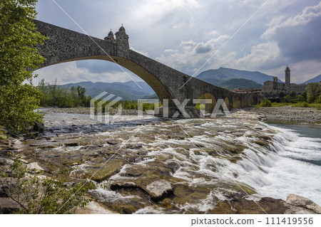 Gobbo Bridge also Devil Bridge or Ponte del Diavolo or Ponte Gobbo in Bobbio, Piacenza province, Trebbia Valley, Emilia Romagna, Italy Gobbo Bridge also Devil Bridge or Ponte del Diavolo or Ponte Gobbo in Bobbio, Piacenza province, Trebbia Valley, Emilia Romagna, Italy 111419556